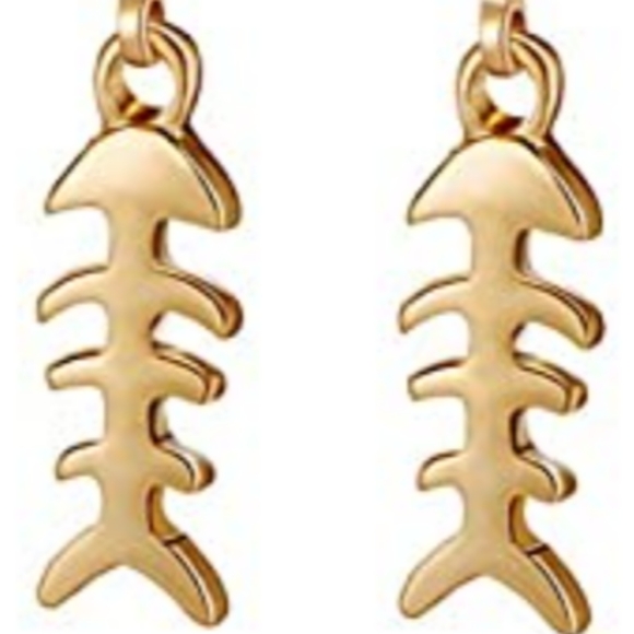 Gold Fish Skeleton Bone Charms Huggie Hoop Earrings Bones Minimalist Hoops New - Picture 2 of 3